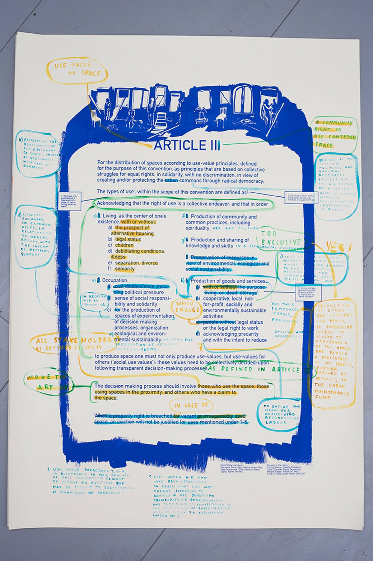 White paper: The Law, 2015 6 screen-printed posters with hand-written notes and corrections 100 × 140 cm; each ; installation view at Casco 2015