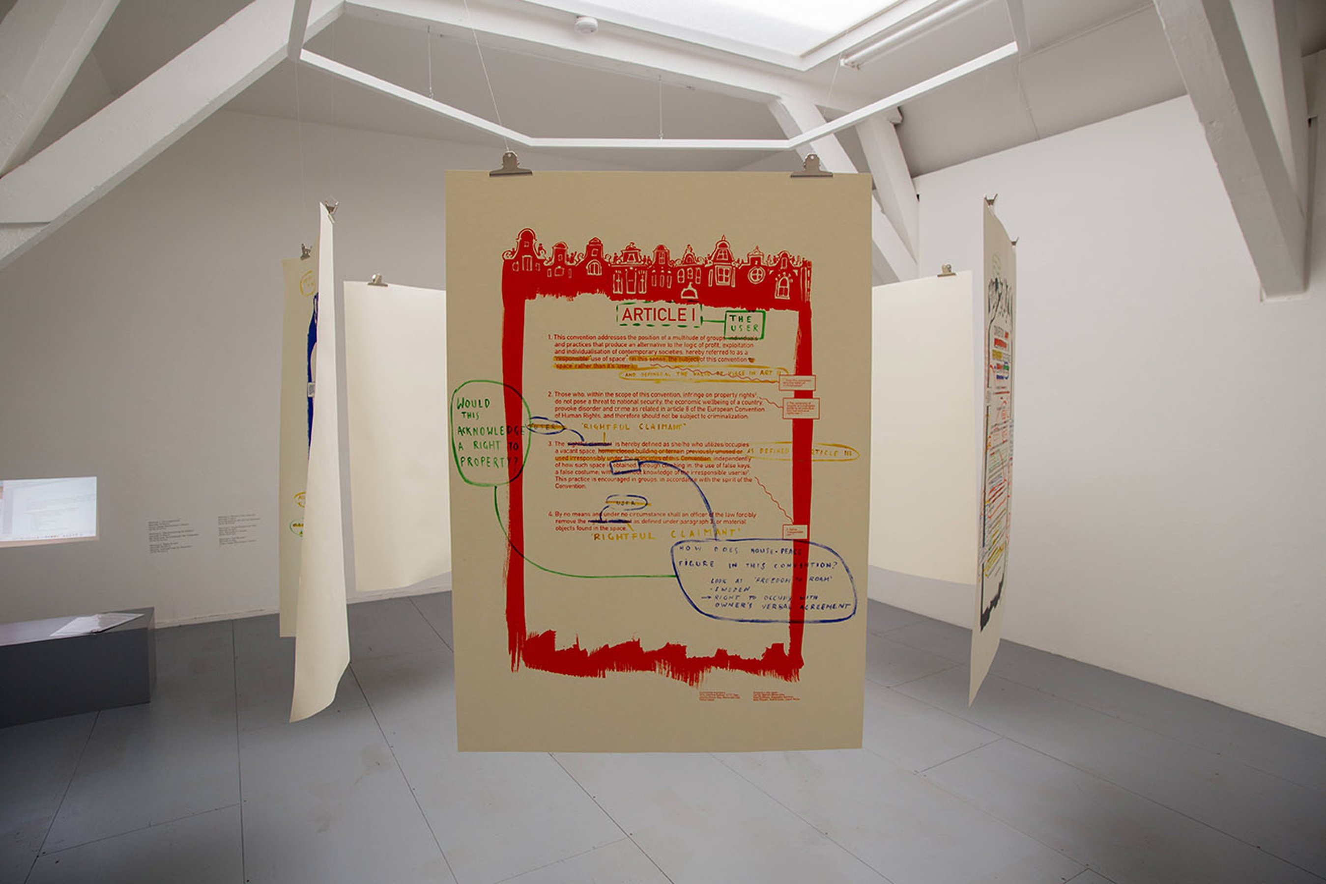 White paper: The Law, 2015 6 screen-printed posters with hand-written notes and corrections 100 × 140 cm; each ; installation view at Casco 2015