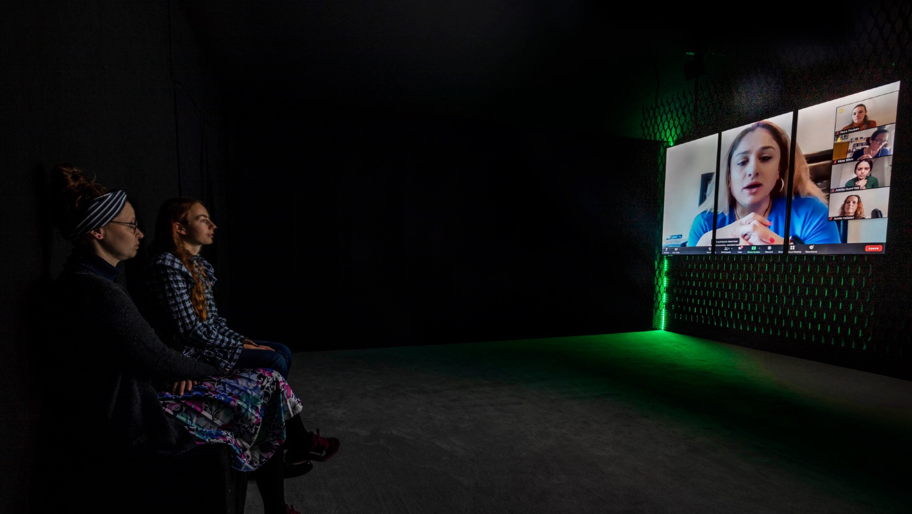 Adelita Husni-Bey On necessary work, 2021 /film installation, metal mesh, LED light, HD video, Zoom and mobile phone footage 32’44''