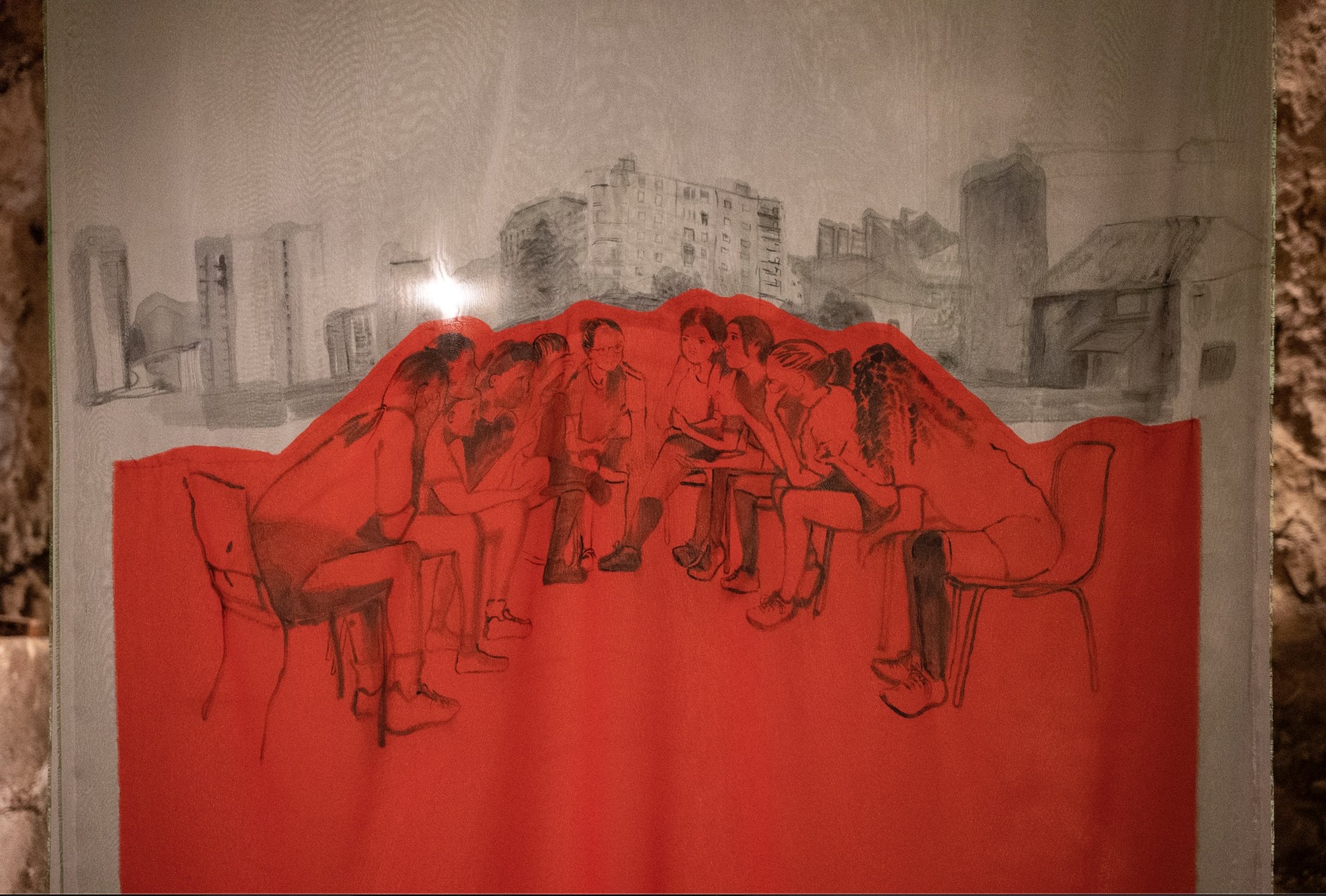 Adelita Husni Bey Assemblea, 2023 inchiostro su tessuto/Ink on fabric 130 × 215 cm