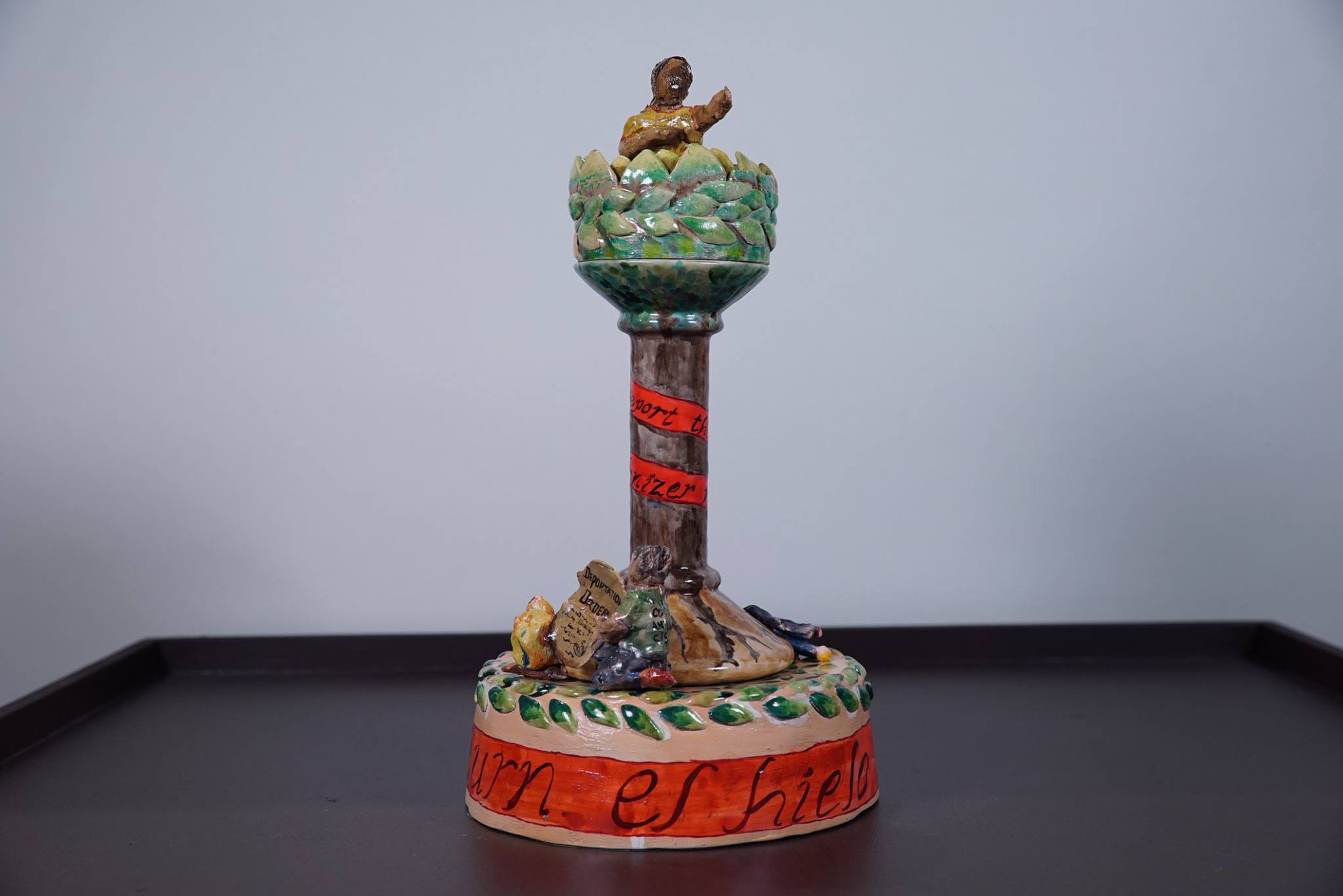 Anti-colonial monuments(burn and Hielo), 2018 series of six sand painted clays