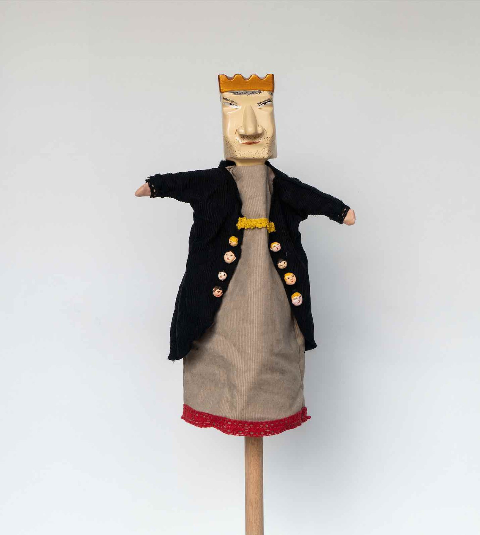 Daniela Ortiz, The Brightness of Greedy Europe, 2022, wood hand-carved, sewn, knitted and embroidered costumes (25 cm) puppet - Prince Andrew of York