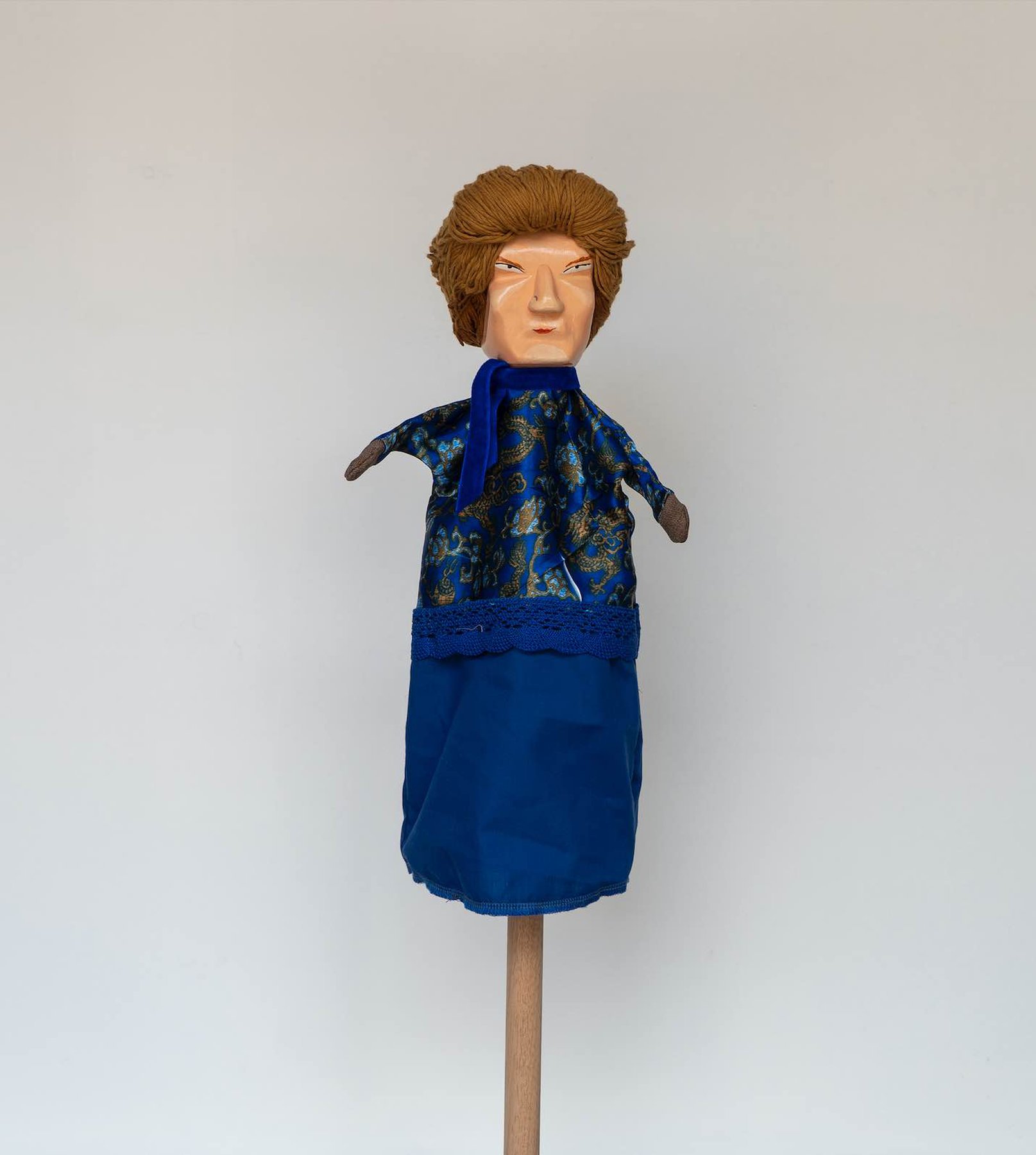 Daniela Ortiz, The Brightness of Greedy Europe, 2022, wood hand-carved, sewn, knitted and embroidered costumes (25 cm) puppet - Margareth Thatcher
