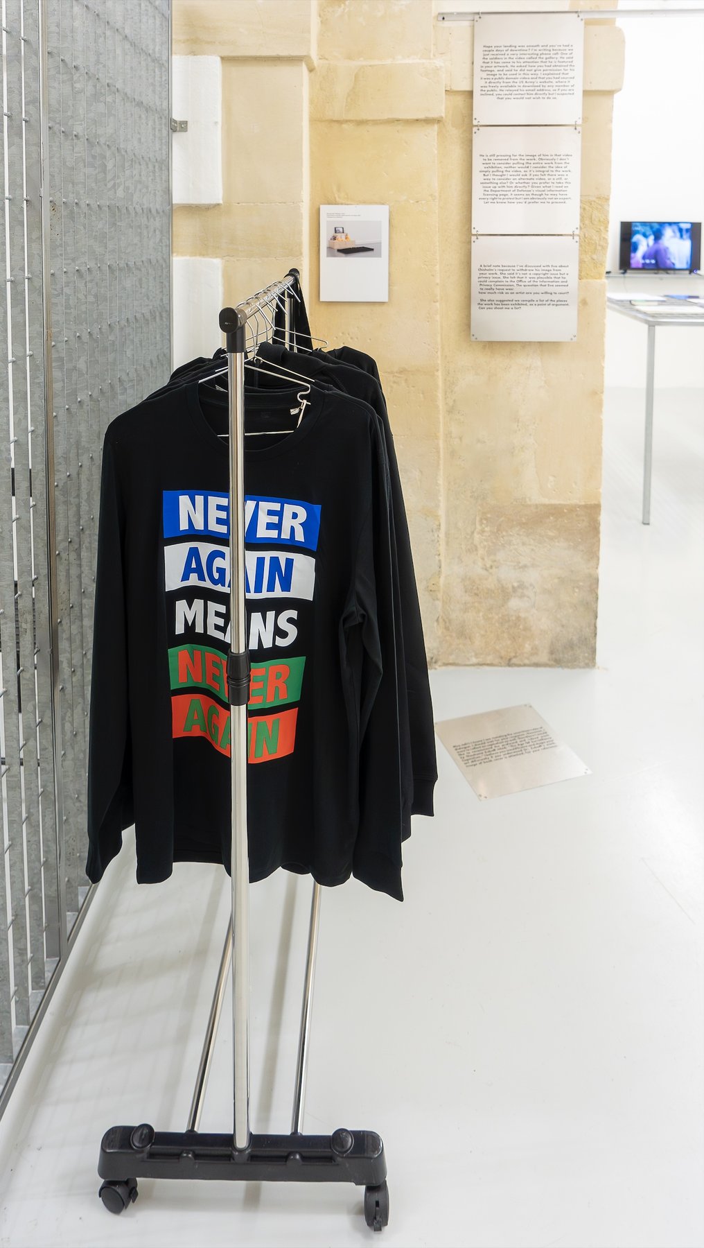 Installation view, Candice Breitz, Never Again Means Never Again, clothing line for charity to the Palestinian Journalists’ Syndacate, 2023