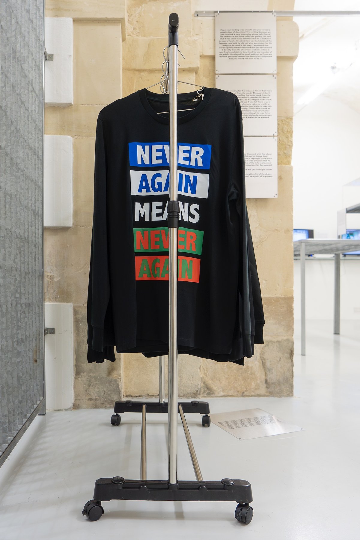 Installation view, Candice Breitz, Never Again Means Never Again, clothing line for charity to the Palestinian Journalists’ Syndacate, 2023